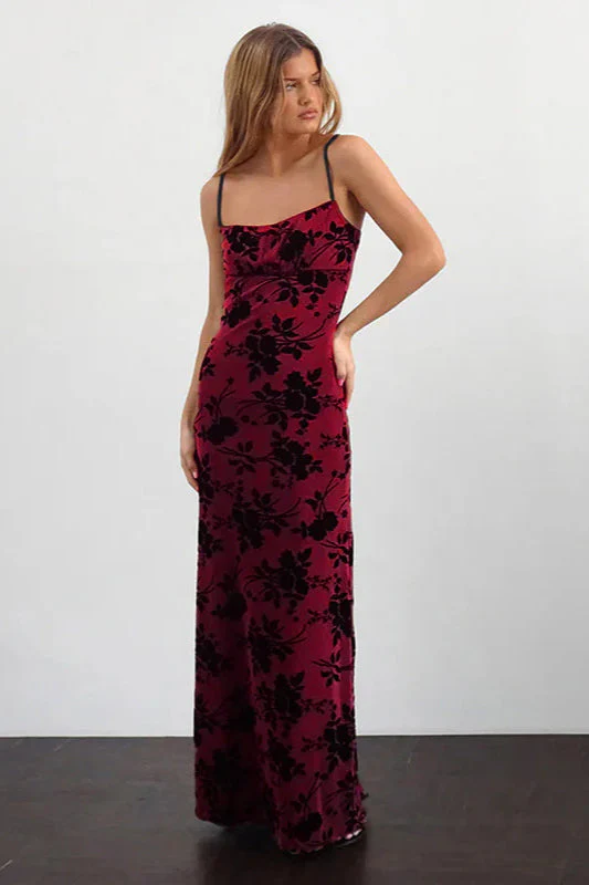 Velvet Flocked Slim Fit Strappy Long Party Dress - Image 3