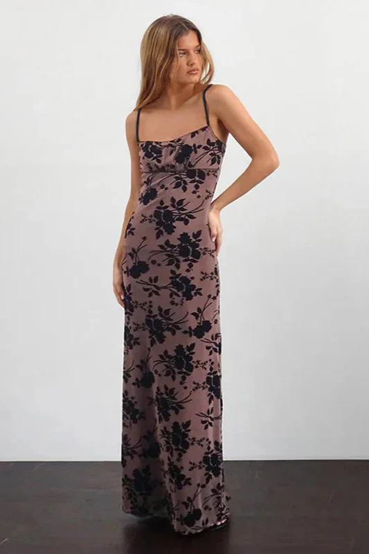 Velvet Flocked Slim Fit Strappy Long Party Dress - Image 8