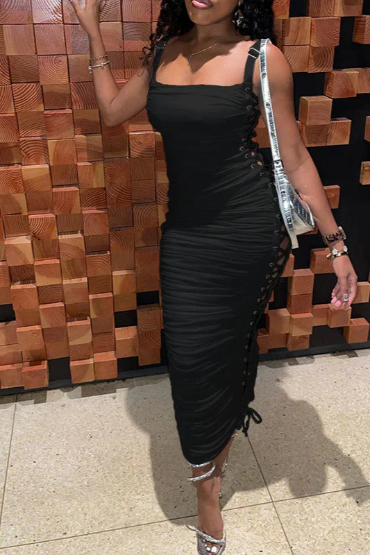 Hollow Side Lace-Up Ruched Slim Fit Party Dress - Image 4