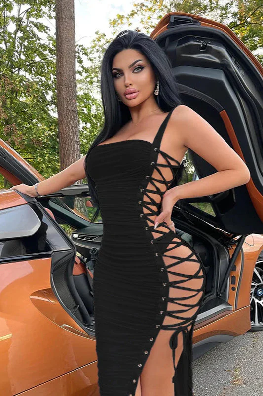 Hollow Side Lace-Up Ruched Slim Fit Party Dress - Image 6
