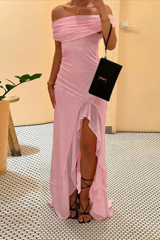 Off-Shoulder Ruffle Mesh Split Maxi Party Dress - Image 2