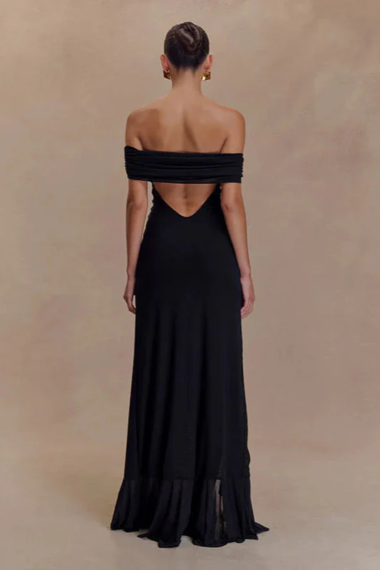 Off-Shoulder Ruffle Mesh Split Maxi Party Dress - Image 4