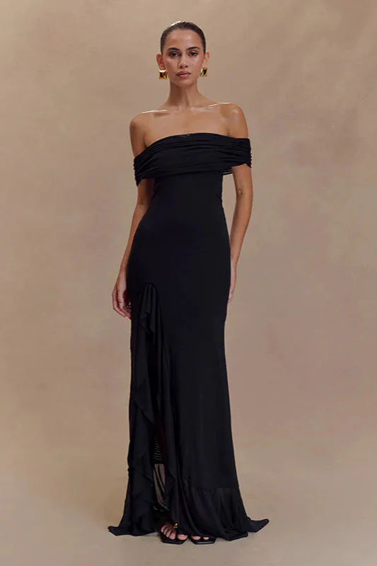 Off-Shoulder Ruffle Mesh Split Maxi Party Dress - Image 5