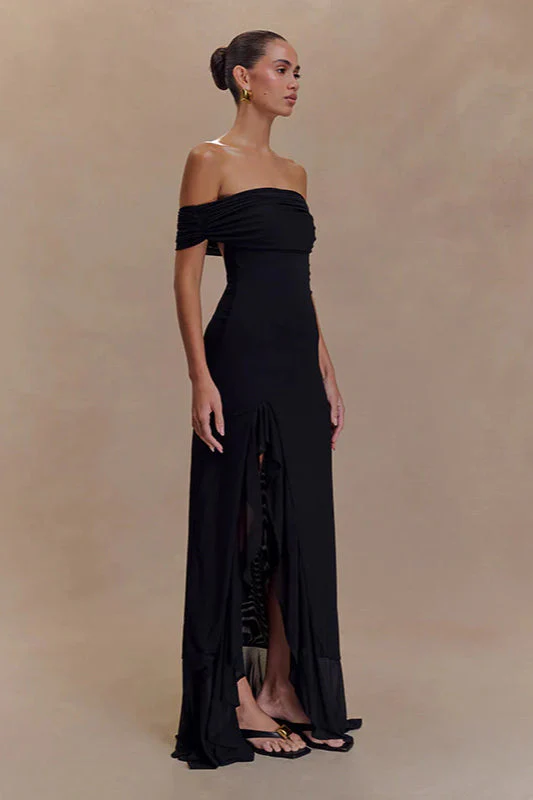 Off-Shoulder Ruffle Mesh Split Maxi Party Dress - Image 6