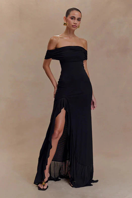 Off-Shoulder Ruffle Mesh Split Maxi Party Dress - Image 7