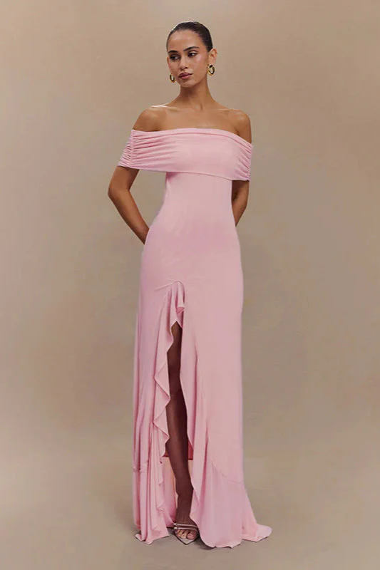 Off-Shoulder Ruffle Mesh Split Maxi Party Dress - Image 9