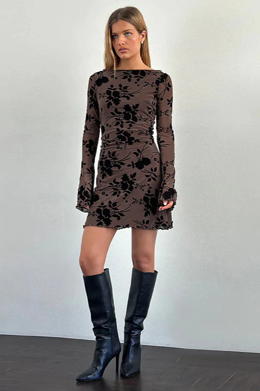 Velvet Floral Flocked Slim Fit Long Sleeve Mini Party Dress - Image 4