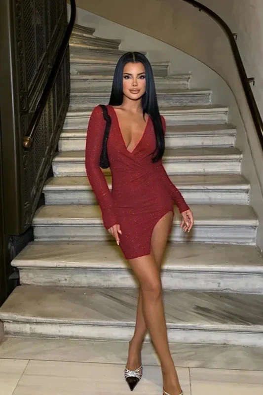 Fall Bodycon V-Neck Sparkling Long Sleeve Party Dress - Image 4