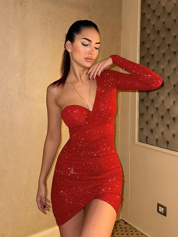 Gathered Sparkling One-Shoulder Long Sleeve Bodycon Party Dress - Image 3