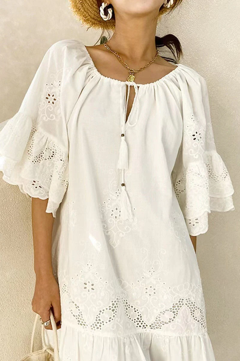 White Cotton Lace Boho Dress - Image 2