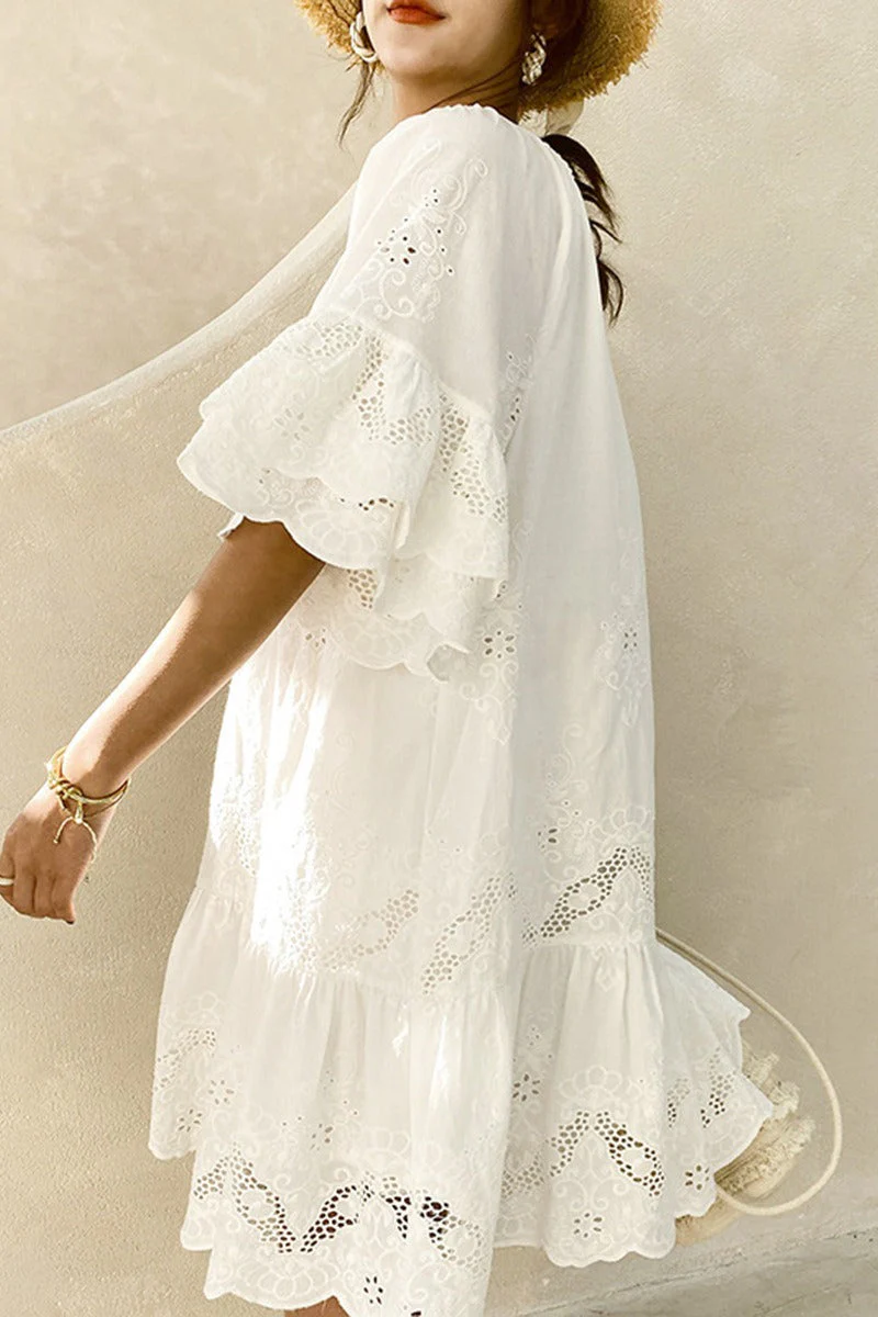 White Cotton Lace Boho Dress - Image 3