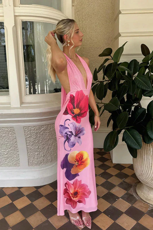 Floral Deep V Halter Bodycon Maxi Dress - Image 5