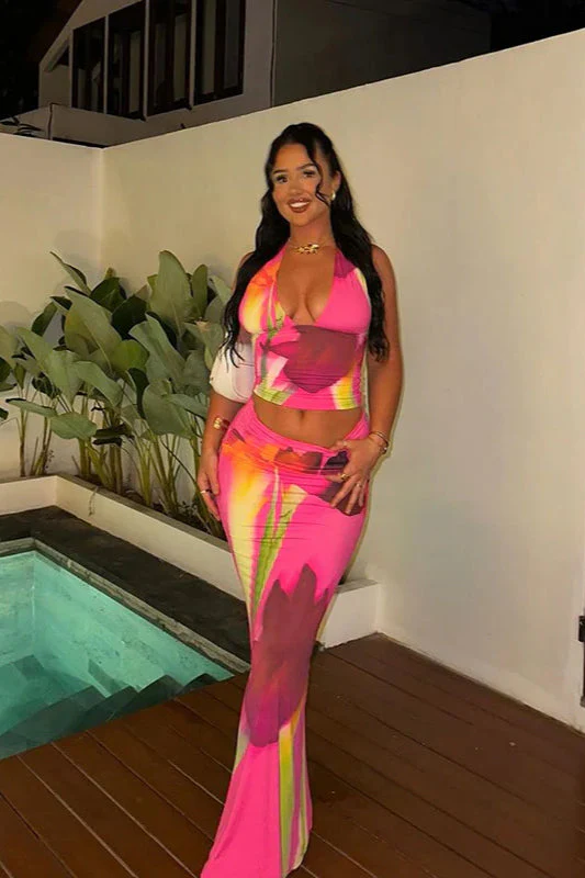 Halter Neck Printed Crop Top Bodycon Maxi Dress - Image 2
