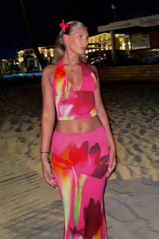 Halter Neck Printed Crop Top Bodycon Maxi Dress - Image 5