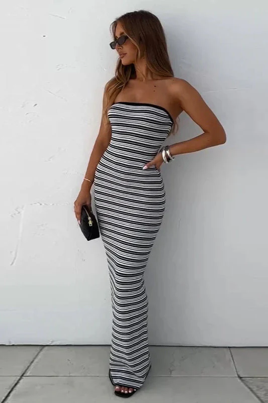 Strapless Waist Cinching Bodycon Stripe Maxi Dress - Image 3