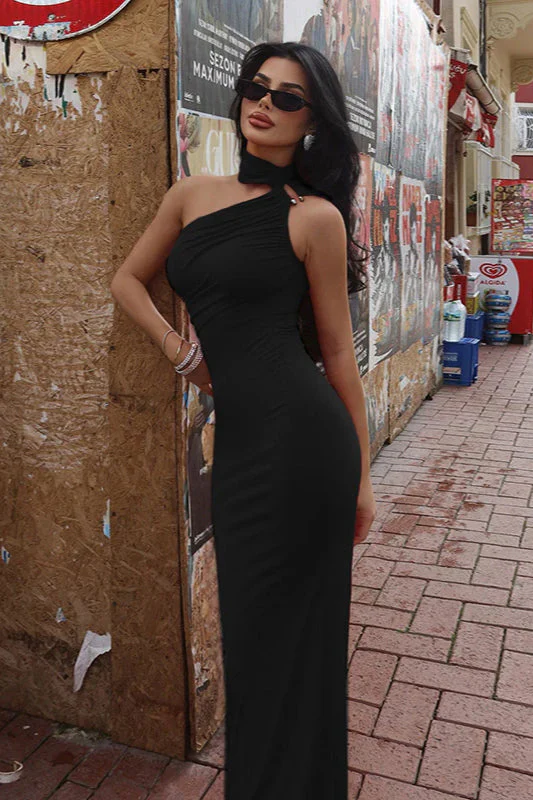 Asymmetrical Shoulder Bodycon Maxi Dress - Image 2