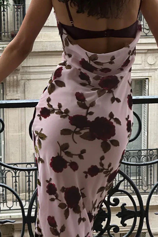 Rose Print Backless Cami Bodycon Maxi Dress - Image 2