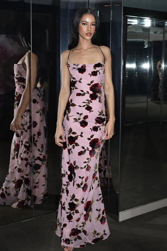 Rose Print Backless Cami Bodycon Maxi Dress - Image 4