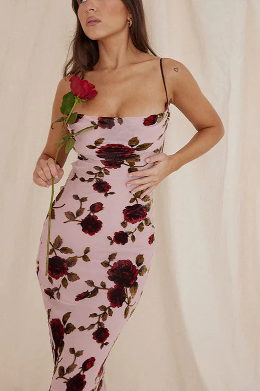 Rose Print Backless Cami Bodycon Maxi Dress - Image 6