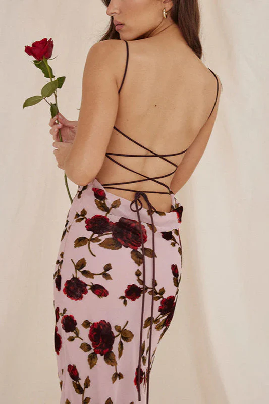 Rose Print Backless Cami Bodycon Maxi Dress - Image 7