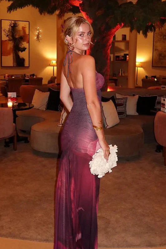 Mesh Floral Ruched Backless Maxi Dress - Image 3