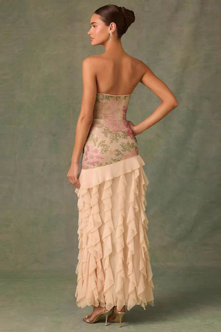 Strapless Rhinestone Floral Ruffle Hem Maxi Dress - Image 2
