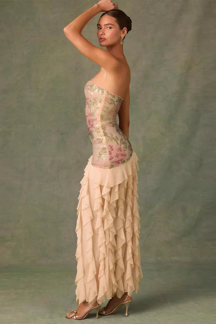 Strapless Rhinestone Floral Ruffle Hem Maxi Dress - Image 3