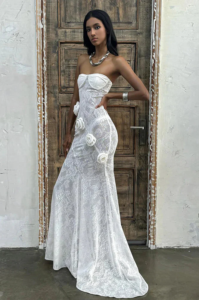 Sheer Lace Strapless 3D Floral Train Maxi Dress - Image 2