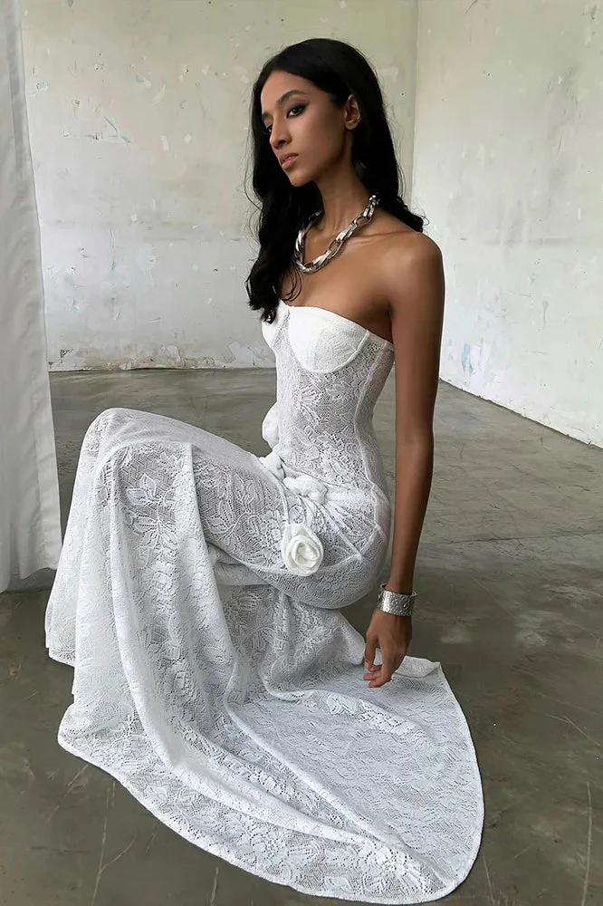 Sheer Lace Strapless 3D Floral Train Maxi Dress - Image 3