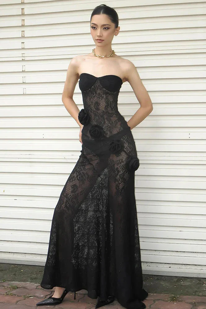 Sheer Lace Strapless 3D Floral Train Maxi Dress - Image 7