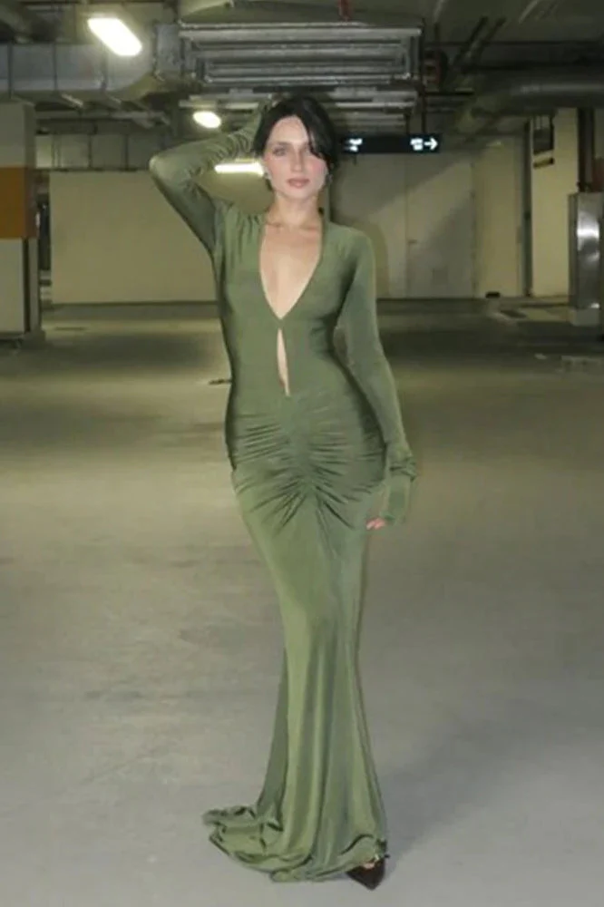 Ruched Cutout Deep V-Neck Bodycon Maxi Dress - Image 4