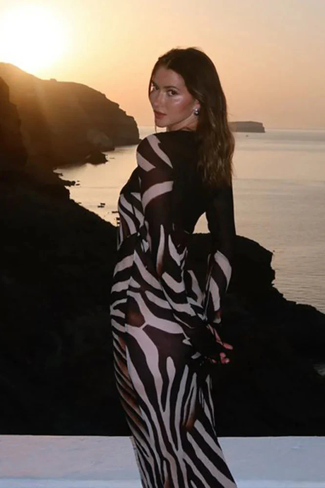 Chiffon V-Neck Slim Fit Long Sleeve Maxi Dress - Image 4