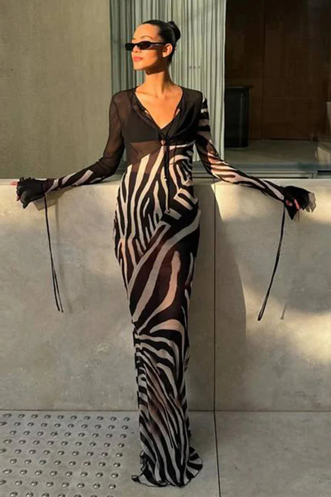 Chiffon V-Neck Slim Fit Long Sleeve Maxi Dress - Image 7