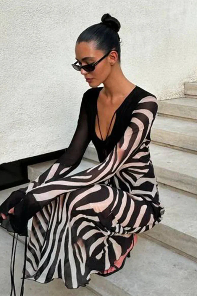 Chiffon V-Neck Slim Fit Long Sleeve Maxi Dress - Image 8
