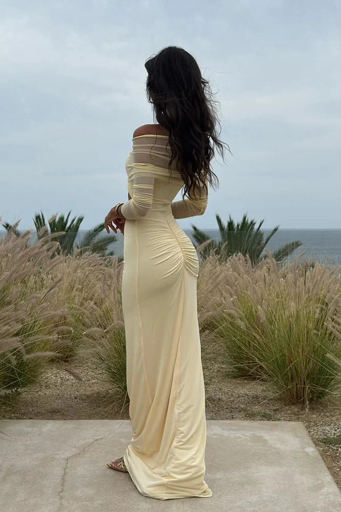 Sheer Mesh Cutout Off Shoulder Patchwork Maxi Dress - Image 3