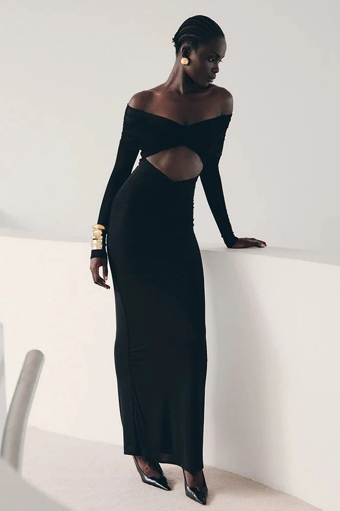 Sheer Mesh Cutout Off Shoulder Patchwork Maxi Dress - Image 4