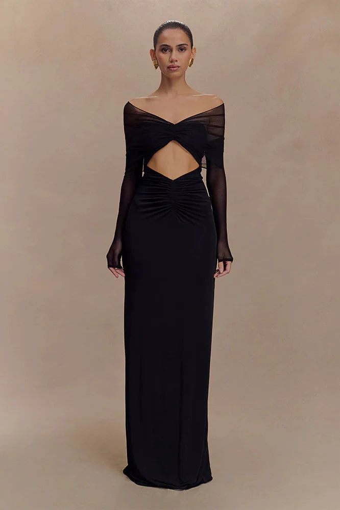 Sheer Mesh Cutout Off Shoulder Patchwork Maxi Dress - Image 5
