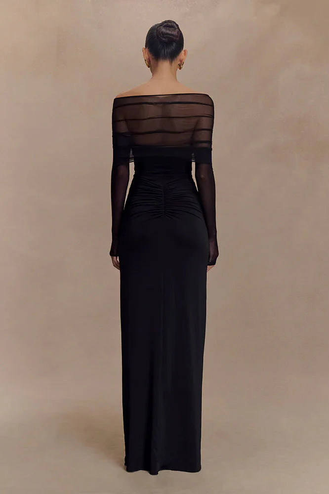 Sheer Mesh Cutout Off Shoulder Patchwork Maxi Dress - Image 8