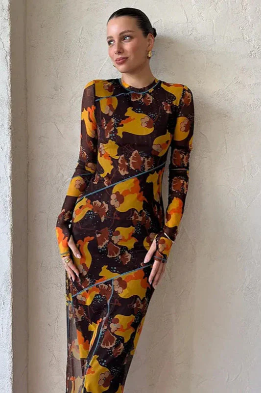 Floral Sheer Long Sleeve Split Maxi Dress - Image 2