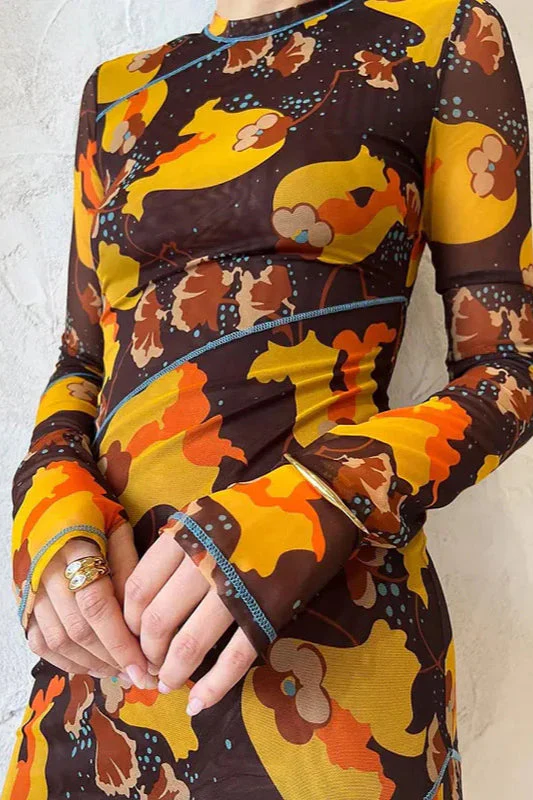 Floral Sheer Long Sleeve Split Maxi Dress - Image 3