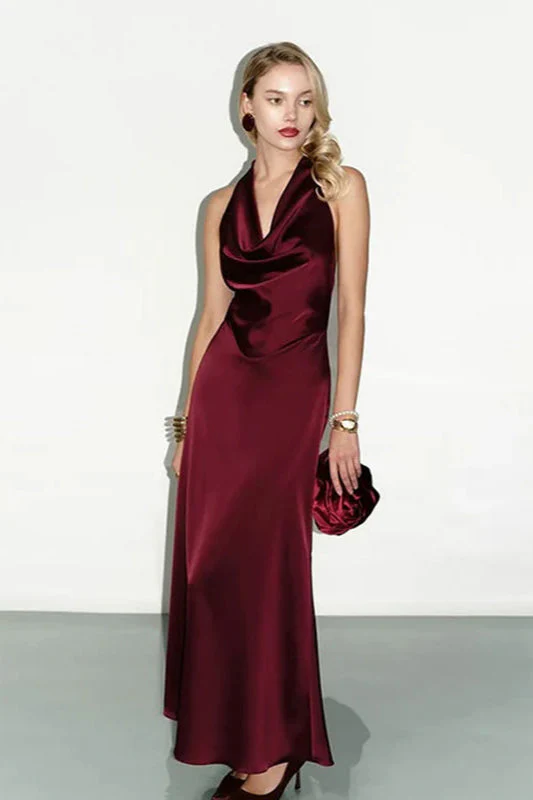 Satin Cowl Neck Halter Backless Slim Maxi Dress - Image 3