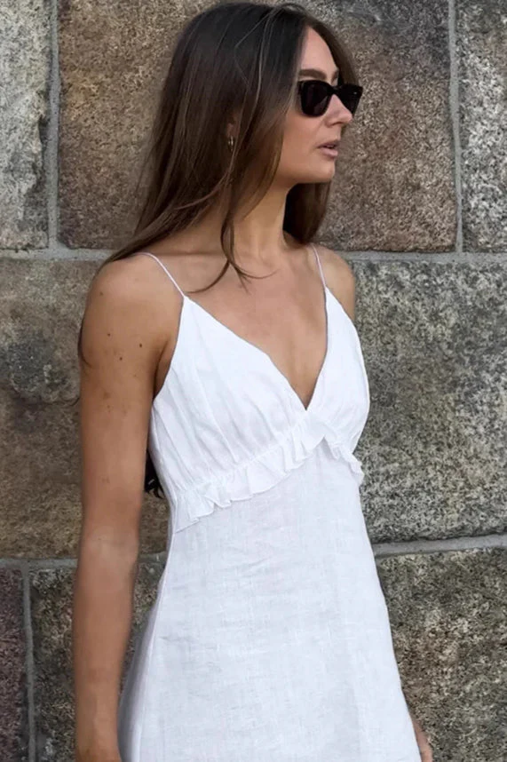 Sexy White Cotton Linen V-Neck Ruffle Loose Maxi Dress - Image 2