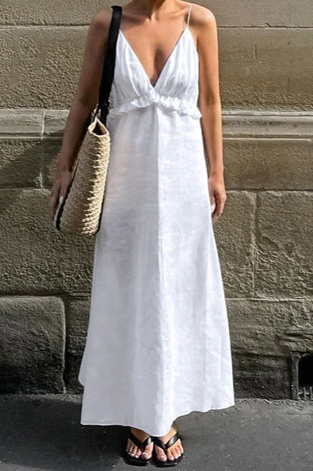 Sexy White Cotton Linen V-Neck Ruffle Loose Maxi Dress - Image 3