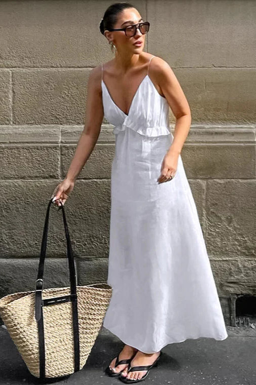 Sexy White Cotton Linen V-Neck Ruffle Loose Maxi Dress - Image 4