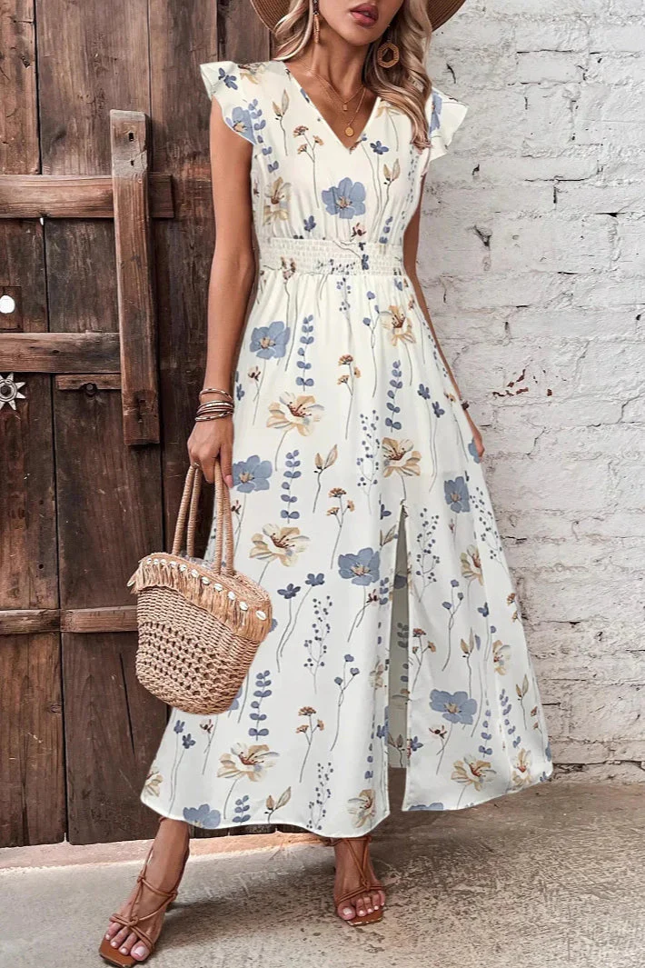 Lace-Trim V-Neck High Waist Slit Floral Maxi Dress - Image 4