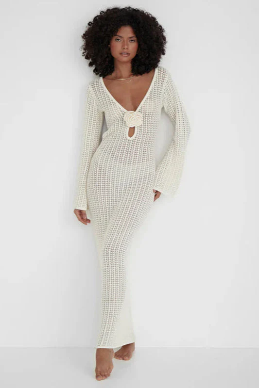 V Neck Backless Knit Beach Maxi Dress - Image 4