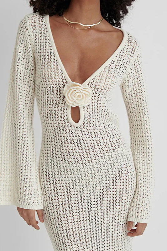 V Neck Backless Knit Beach Maxi Dress - Image 5