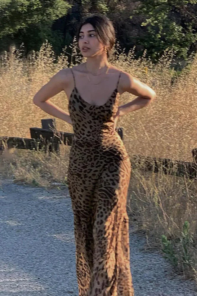 Leopard Print Backless Slim Strap Maxi Dress - Image 2