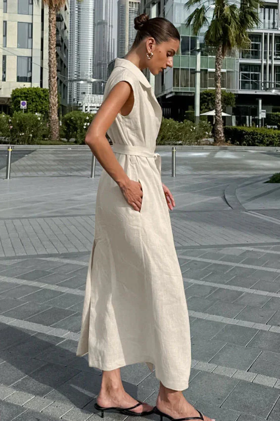 Khaki Cotton Linen Belted Shirt Maxi Dress - Image 2