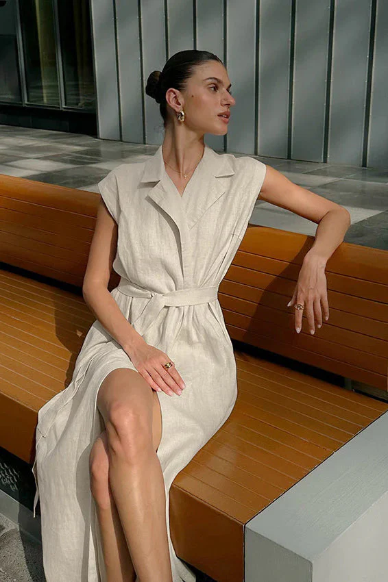 Khaki Cotton Linen Belted Shirt Maxi Dress - Image 3